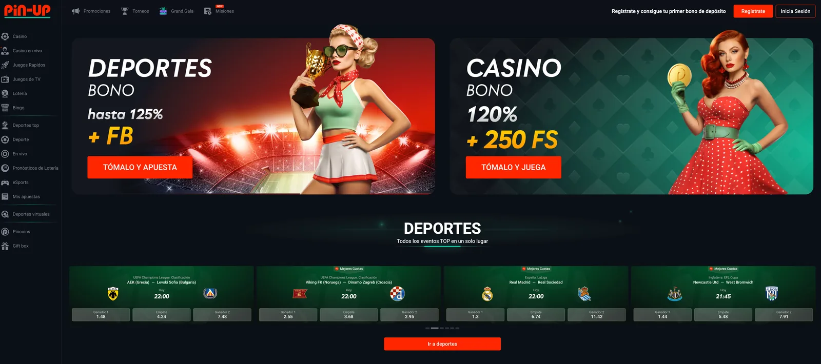 Vista general del sitio web de Pin-Up Casino Bolivia